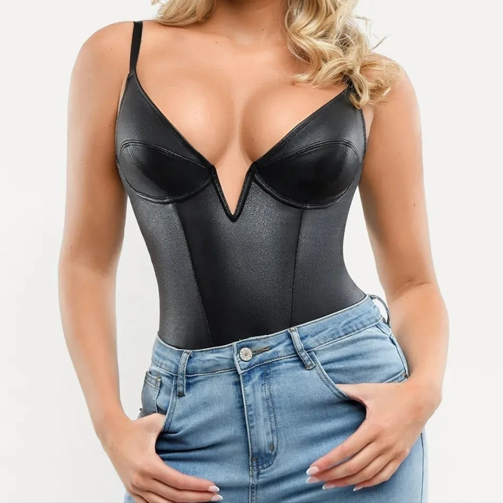 Popilush Shapewear Faux Leather Plunging V Sculpting Corset Bodysuit L NWT